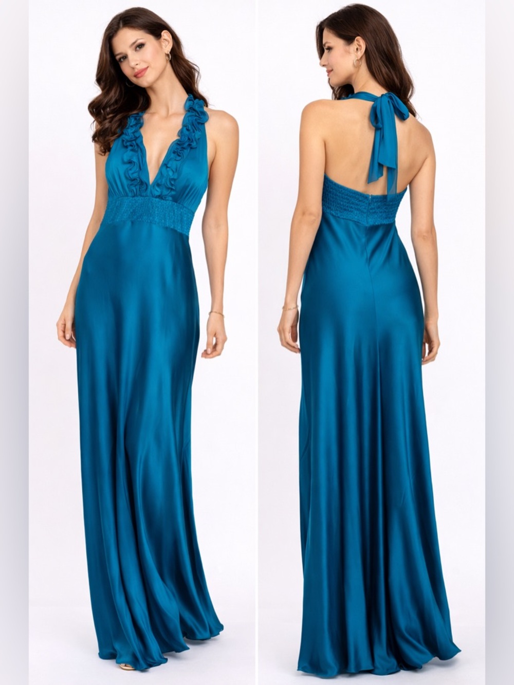 Teal Halter Ruffle Backless Evening Gown